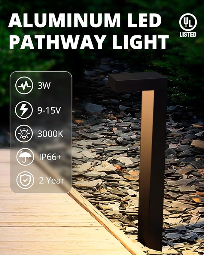 GKOLED 8-Pack Low Voltage Landscape Pathway Light Fixture 9-15V AC/DC Outdoor Walkway Lighting with 3W LED Chips for Yard Lawn Black Die-cast Aluminum Housing UL-Listed IP66+