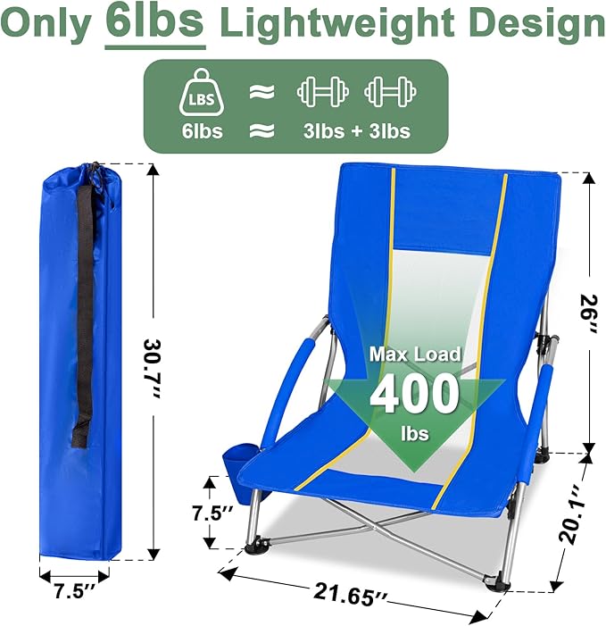 Romswi Low Beach Chairs for Adults 2 Pack Lightweight Folding Sand Chairs with Breathable Mesh Back &amp Cup Holder Portable Compact Camping Chairs 400lbs CapacityBlue