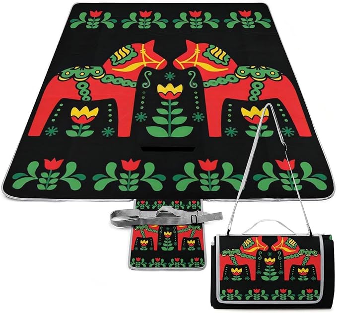 Floral Swedish Dala Horses Waterproof Outdoor Picnic Blanket Sandproof Beach Mat for Camping Hiking Grass Travelling