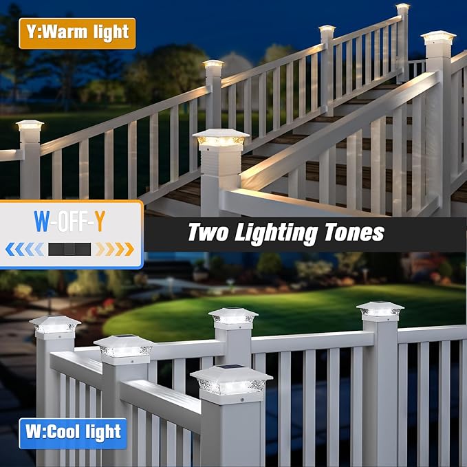 Solar Post Cap Lights Outdoor 12pack Waterproof Fence Post Lights with 16 Ultra Bright LEDs Fit 4x4/5x5/6x6 Wood/Vinyl Posts White Deck Post Lights with Warm/Cool White for Garden Patio Porch Yard