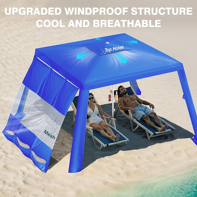 Rhino Valley Beach Cabana 8*8FT Beach Tent UPF50+ Protection Easy Setup Beach Canopy Wind Resistant with Cup HolderCompact Beach Shade Foldable Beach Tent Sun Shelter for Whole Family FriendIndigo