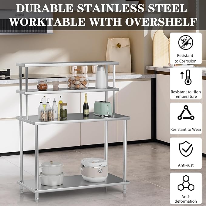48x24 Stainless Steel Work Table with 2-Tier Adjustable Overshelves Commercial Prep Table for Kitchen Restaurant Garage Laundry Utility Room