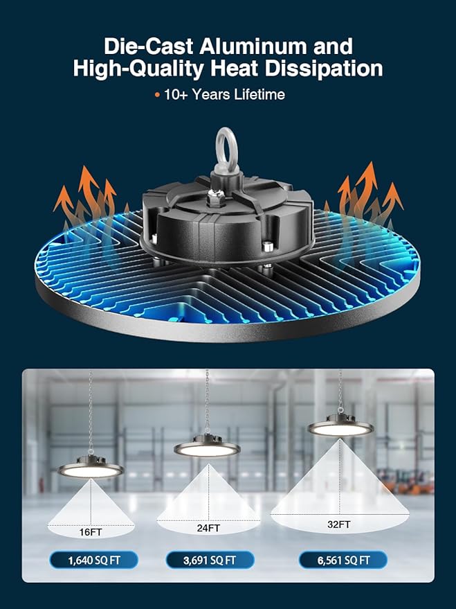 Super Bright 21000lm 5000k 150w 10 Pack UFO Led High Bay Shop Lights with 5'Cable 3-Pin Plug Hook Safe Rope for Garage Factory Warehouse Workshop Barn