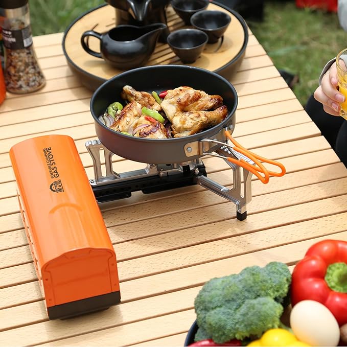 INFOOD Portable Butane Gas Camping Stove - 7500 BTU Compact Folding Design with Carry Bag for Backpacking RV Trips Picnic &amp Outdoor Indoor Cooking Orange
