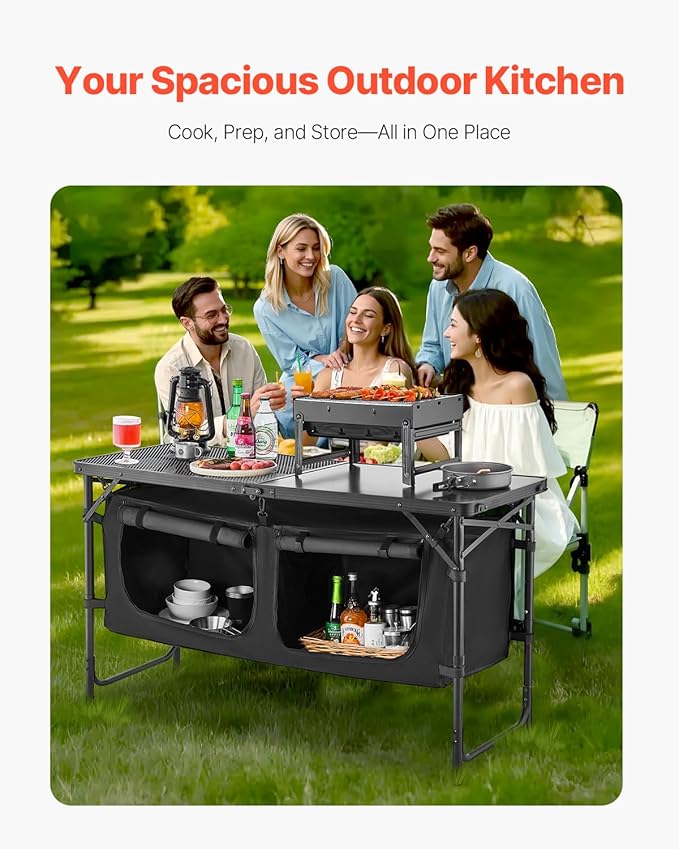 VEVOR Camping Kitchen Table Folding Outdoor Cooking Table 3 Adjustable Heights Aluminum Lightweight Portable Cook Station with Storage Organizer Carry Handle for BBQ Party Picnic RV Travel Black
