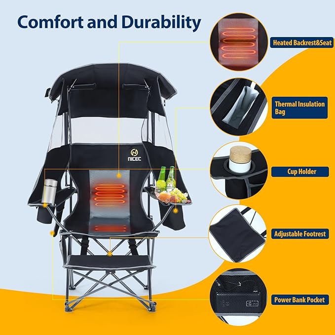 Nice C Chair with Canopy Heated Camping Chair with Battery Outdoor Sports Chairs with Shade Heated Folding Umbrella Lawn Chairs with Removable Footrest (2-Pack)
