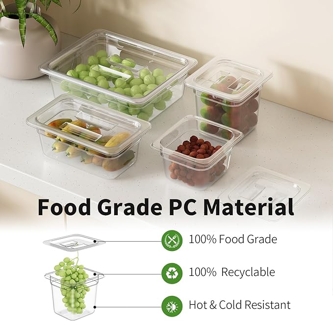 1/6 6'' 6 Pack Plastic Food Pans With Lids Clear Food Pan Commercial Stackable Polycarbonate Freezer-Safe for Fruits Vegetables Restaurant Kitchen