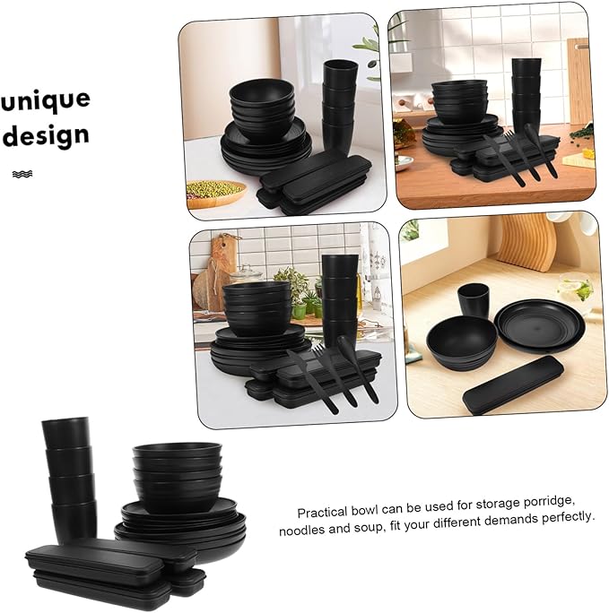 4sets Black Camping Dinnerware Cutlery Bowl Plate Cup Utensils Case for Picnic Hiking