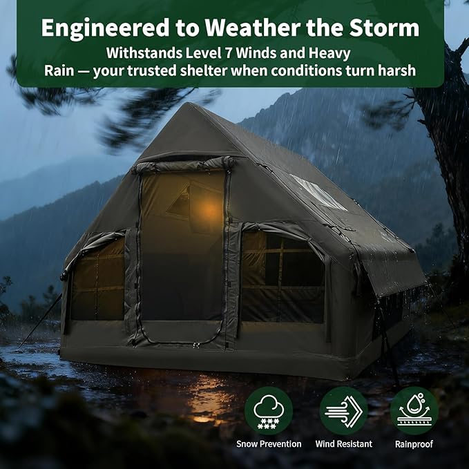 NANJEEN® | Large Luxury Inflatable Camping TentWind &amp Rain Resistant12㎡ Interior2-10 Person Shelter8 Minutes Fast Setup with Hand PumpAll-Season ReadyDual DoorsMosquito-Proof Mesh Windows