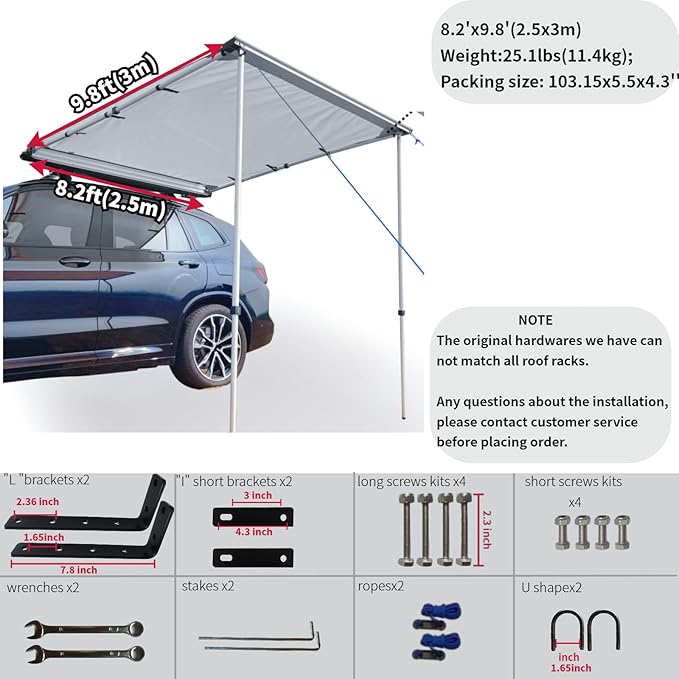 DANCHEL OUTDOOR Car Awning 8.2x9.8ft Roof Rack Pull-Out Sun Shelter Canopy Waterproof 4x4 Vehicle Side Overland Awning Camping Gray
