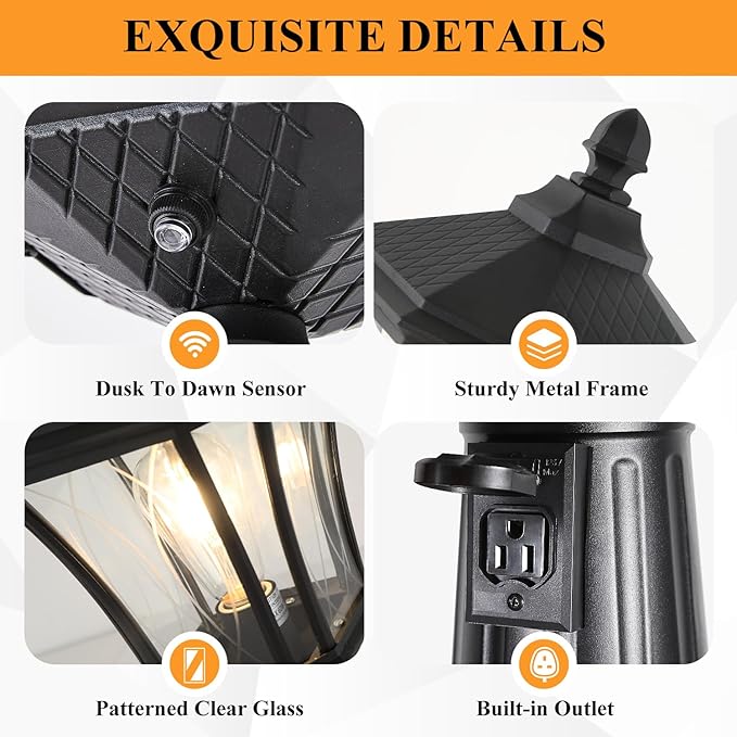 Outdoor Lamp Post Lights with Outlet Dusk to Dawn Pole Lamp with Patterned Glass Aluminum Waterproof Outside Street Light with Plug Hardwired Black Light Pole for Backyard Garden Driveway