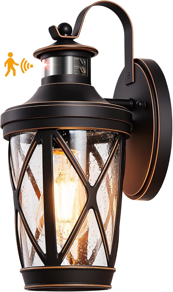 VIANIS Motion Sensor Outdoor Porch Lights Modern Dusk to Dawn Exterior Wall Light Fixtures Oil Rubbed Bronze Gold Trim Wall Lanterns for Garage Waterproof Coach Lights with Adjustable Sense Range