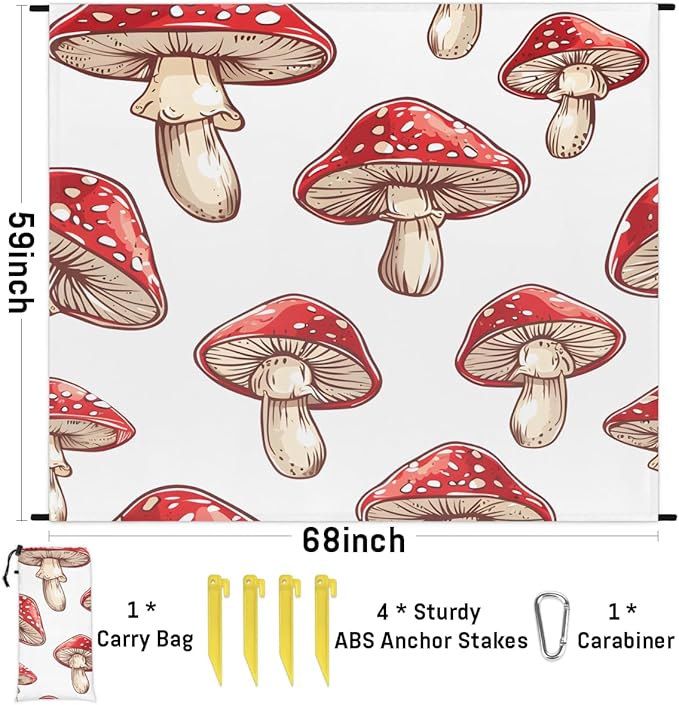 Waterproof Sandproof Beach Blanket 59''×68'' Vegetables Mushrooms Polyester Outdoor Picnic Blanket with 4 Stakes &amp Storage Bag for BeachCampingVacation Red