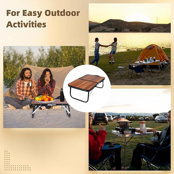 Mini Camping Table Compact Walnut Wood Folding Side Low Table for Camp Foldable Lightweight and Portable Table for Picnic Travel Beach