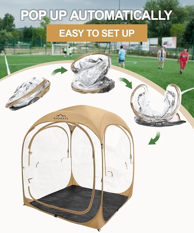 Pop Up Sports Tent - Thick PVC Scratch-Resistant Bubble Clear Tent Instant Weather Proof Pod with Extra Top Cover for Soccer Football Games Outdoor Events 1-2 Person
