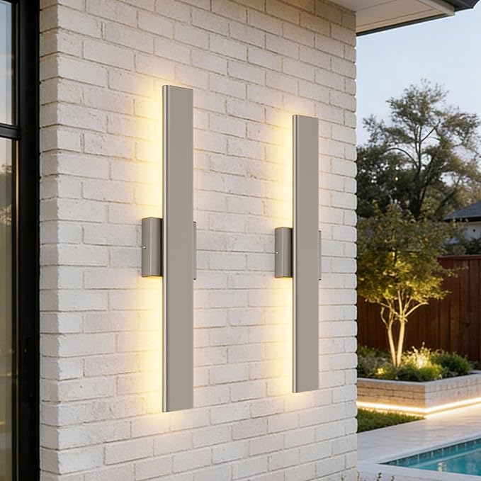 Aipsun 2 Packs Nickel Outdoor Wall Light 23.6inch Modern LED Exterior Wall Sconce Long LED Linear Exterior Lights 3000K 4000K 6000K for House Living Room Corridor(3CCT)