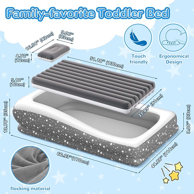 Inflatable Toddler Travel Bed - 67'' Large Size Safety Kids Air Mattress with 4 Sides - Portable Camping Bed for Outdoor Sleepovers Easy to Inflate &amp Deflate with Storage Bag &amp Pump Grey