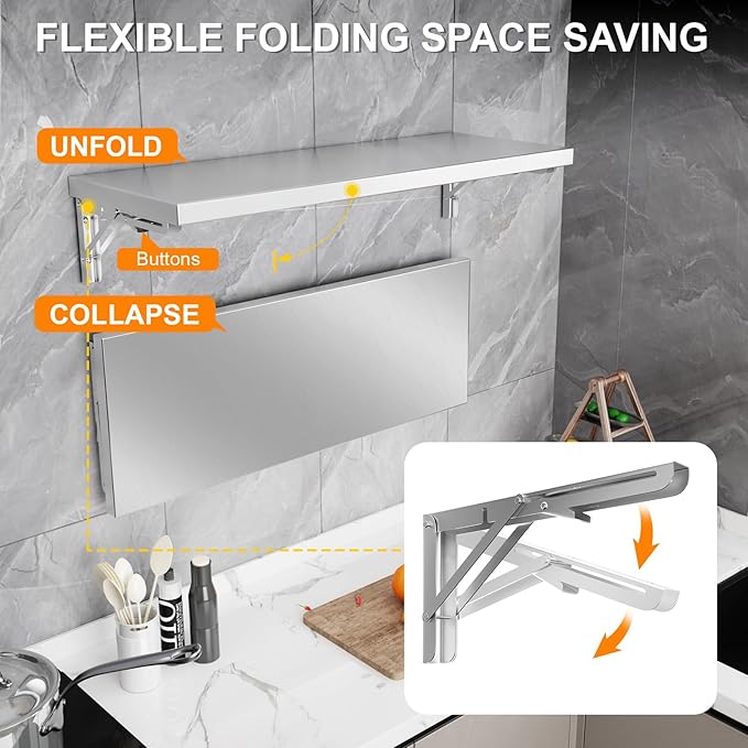 Folding Wall Shelf 31.5 x 12 Stainless Steel Wall Mounted Folding Table 110lb Capacity Floating Concession Shelf for Food Trucks Trailer Windows Kitchen Restaurant Garage Utility Room