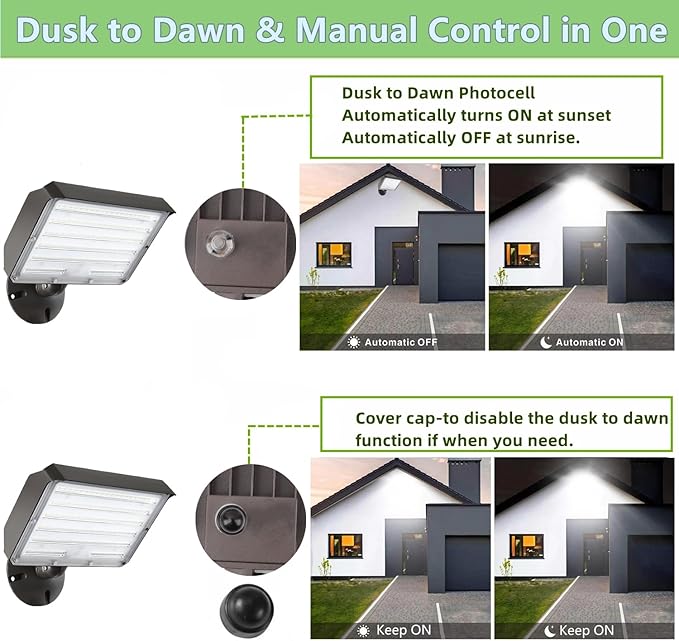 2Pack Dusk to Dawn Outdoor 100W LED Flood Light with Knuckle &amp Plate Mount 3000K/4000K/5000K Color Selectable ETL Commercial LED Security Lighting
