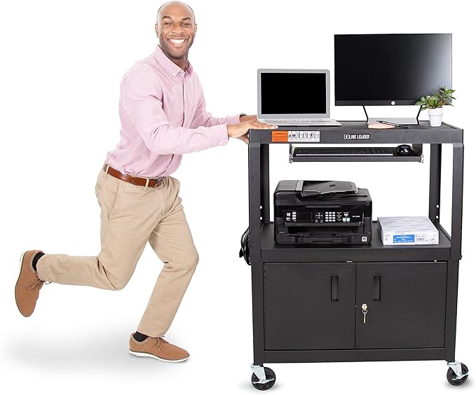 Line Leader Large AV Cart with Locking Cabinet | Height Adjustable Utility Cart with Pullout Keyboard Tray &amp Cord Management | UL Safety-Certified Computer Cart | Easy Assembly (32 x 18 x 42in)