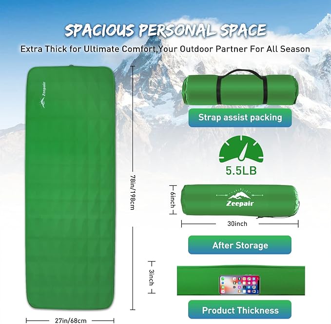 Buheco Sleeping Pad for Camping Self-Inflating 9.5 R Value 3 Ultra-Thick Memory Foam Comfort Plus Camping Mats for Backpacking Travelling &amp Hiking Portable Air Mattress for 4-Season Green