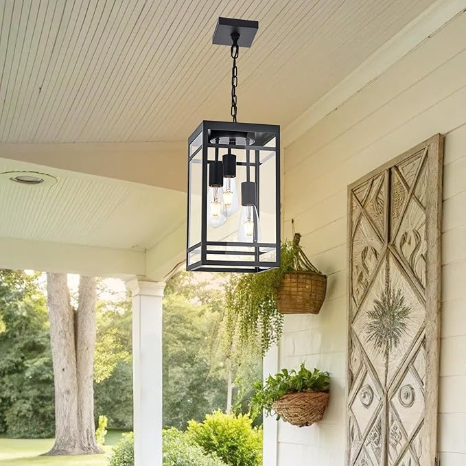Large Outdoor Pendant Light for Porch Black 3 Lights Outdoor Pendant Light Fixtures Modern Hanging Light Fixture Exterior Chandelier Hanging Lantern for PatioFront Door