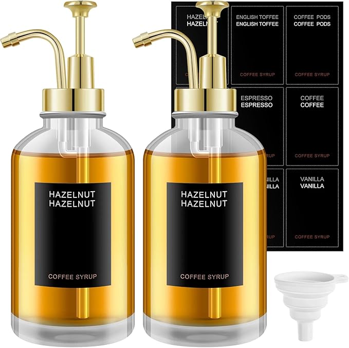 2PCS Syrup Dispensers for Coffee Accessories Glass Syrup Bottle Pump with 9 Labels Silicone Funnel Gold Precise Dispensing Stylish Addition to Coffee Shop Cafe Home Bar