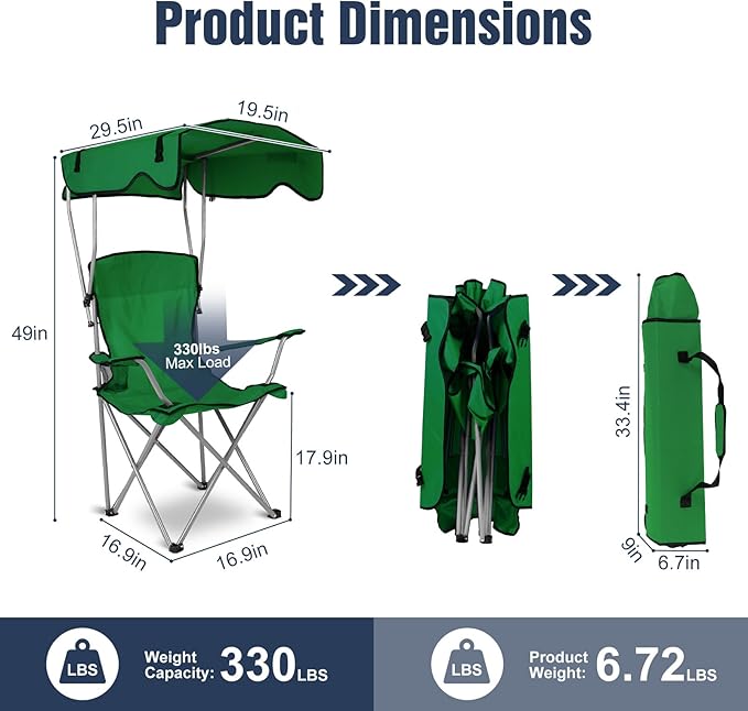 Camping Chair with Canopy Portable Outdoor Folding Beach Chairs with Cup Holder 330LBS Load Lawn Chair for Outside Fishing Beach Picnic (Green)