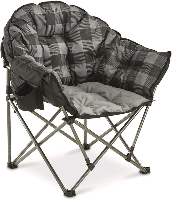 Guide Gear Club Camping Chair Oversized Portable Folding with Padded Seats 500-lb. Capacity Gray Plaid