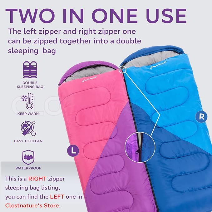 Clostnature Sleeping Bag for Adults and Kids - Lightweight Camping Sleeping Bag for Girls Boys Youths Ultralight Backpacking Sleeping Bag for Cold Weather - Compression Sack Included(Left Zipper)