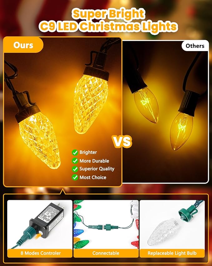 Minetom C9 Christmas Lights Outdoor 88FT 110LED String Lights with 8 Lighting Mode Waterproof Connectable UL Certified Warm White C9 Christmas decorations for Indoor Outdoor Patio Roofline Decor 2PC