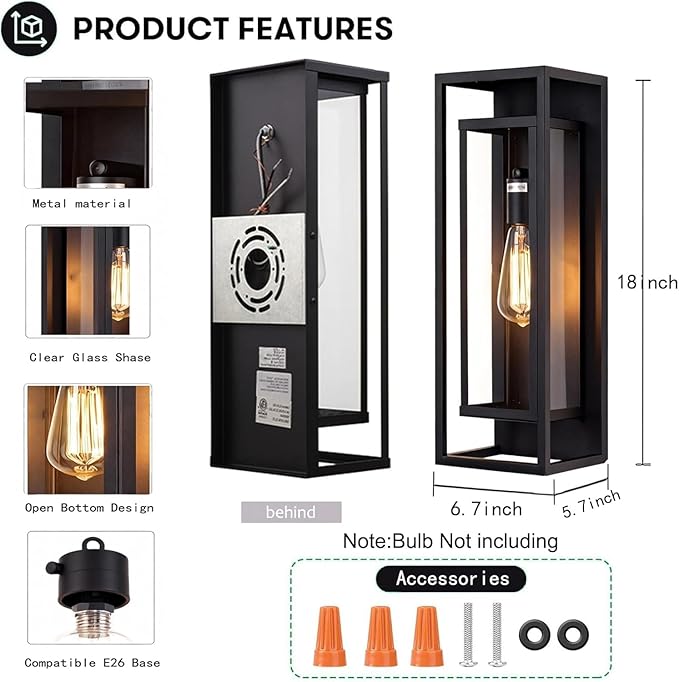 4 Pack 18inch Outdoor Wall Light FixturesExterior Waterproof LanternsPorch Sconces Wall Mounted Lighting with E26 Sockets &amp Glass ShadesModern Matte Black Wall Lamps for Patio Front Door Entryw
