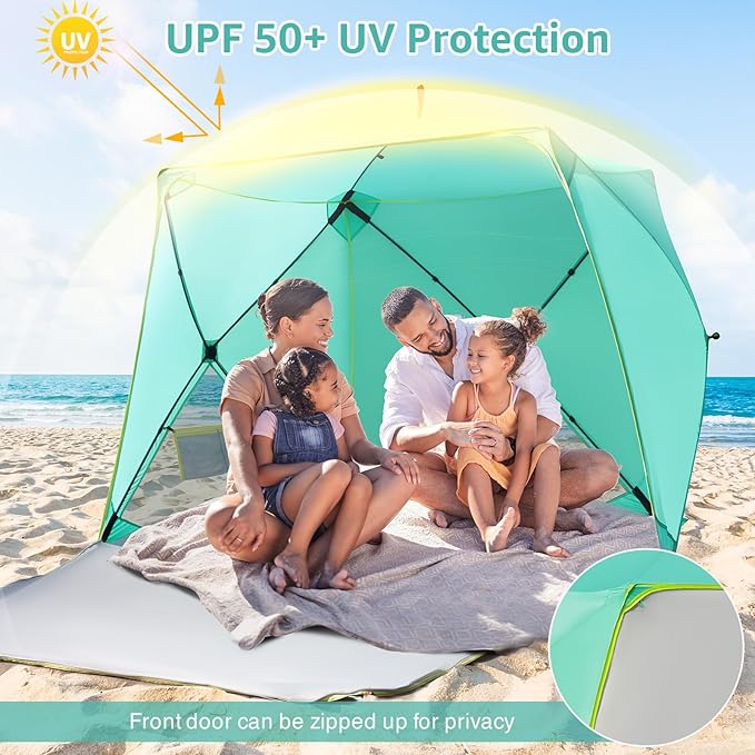 Old Bahama Bay Pop Up Beach Tent Portable Shade Sun Shelter UPF50+ UV Protection for 4 Person Extendable Floor for Fishing Hiking Camping Waterproof Windproof（Mint Green