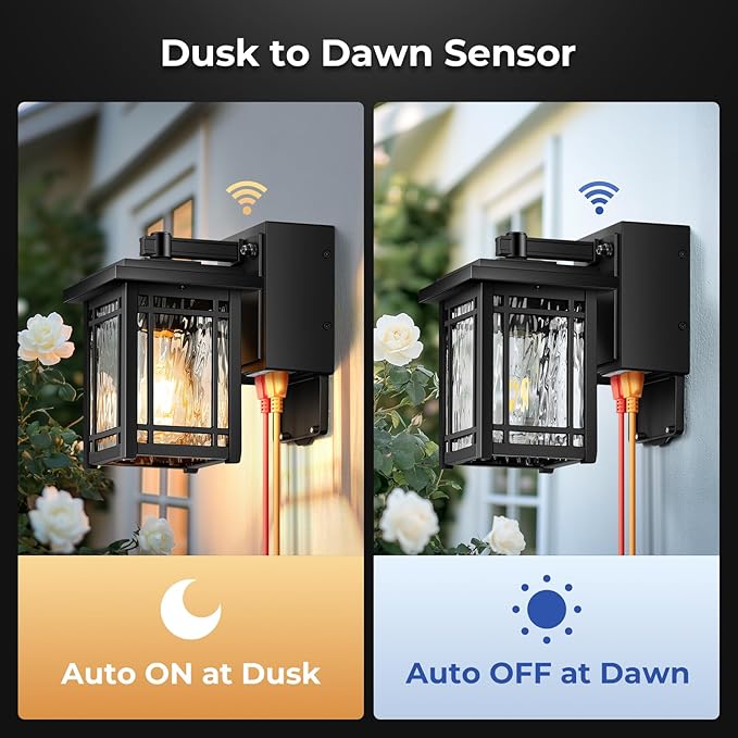 2-Pack Porch Light with GFCI Outlet Black Dusk to Dawn Outdoor Lantern Wall Mount Modern Outdoor Sconces Wall Lighting with Glass Shade Waterproof Outdoor Light Fixtures for House Garage