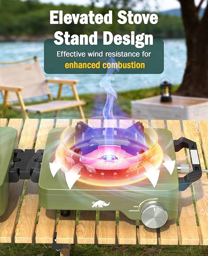2 Propane Burners Camping Stove 30000 BTU Folding Camp Stove with Windproof Grates and Frying Pan Portable Camping Stoves with Carrying Bag Camping Essentials for Tailgating/Grilling/Coffee Green