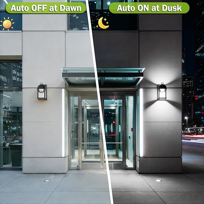 LIT-PaTH Dusk to Dawn Outdoor Wall Lantern LED Wall Sconce 5000K Daylight White 9.5W 800 Lumen Aluminum Housing Plus Glass Outdoor Rated 2-Pack Black