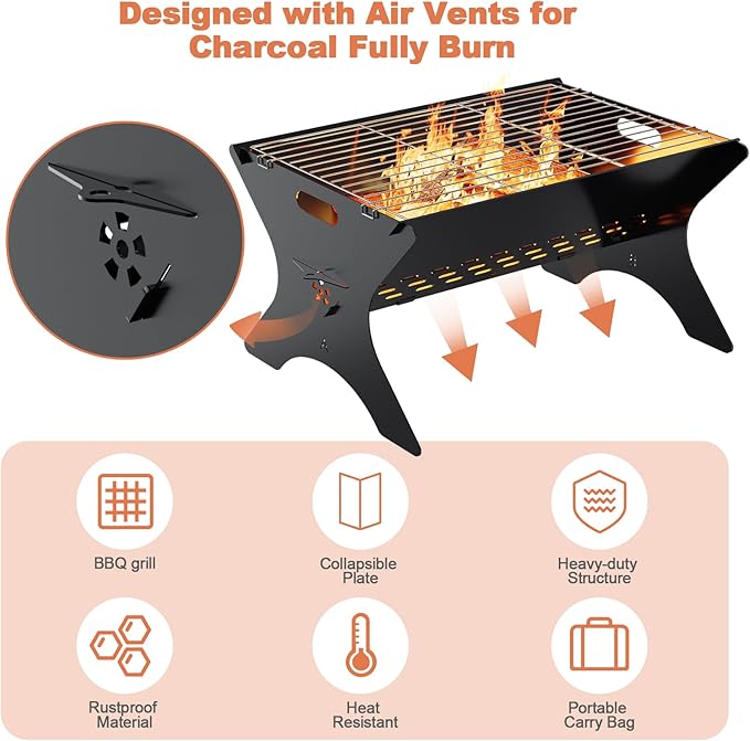 Camping Campfire Grill 16Lx12D Portable Folding Charcoal Grills Backpacking BBQ Grill with Carry Bag Outdoor Fire pit for Camping Picnic Bonfire Patio Backyard