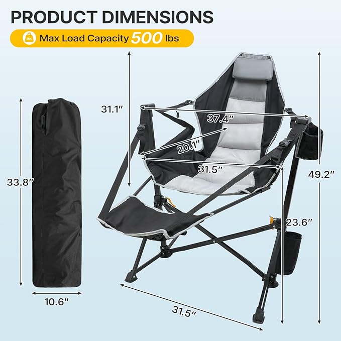 ZENPETIO Hammock Camping Chair with Footrest Swinging Portable Folding Camp Chairs for Adults 500lbs Heavy Duty Outdoor Rocking Chair Foldable Oversized Rocker with Cup Holder Pillow for Patio Beach
