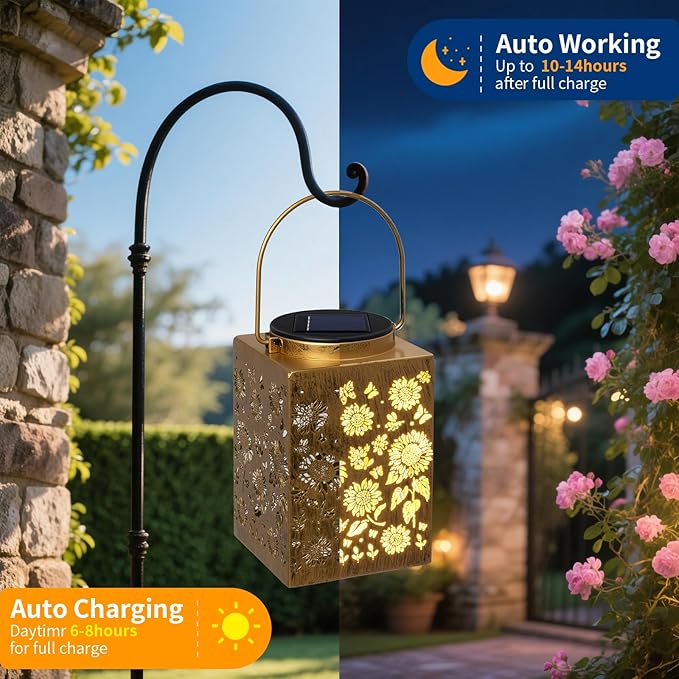 2 Pack Solar Lanterns - Waterproof Metal Hanging Solar Lights Outdoor Decorative Solar Powered LED Lamp for Patio Tabletop Porch Deck Yard Garden Decor for Outside (Sunflower)