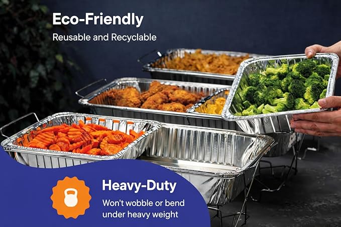 PRIME BASICS Aluminum Pans Full Size Large Disposable Roasting &amp Baking Pan 21x13 Deep Foil Pans (25 Pack) Extra Heavy Duty Chafing Trays for Hotels Restaurants Caterers Steam Table Buffet