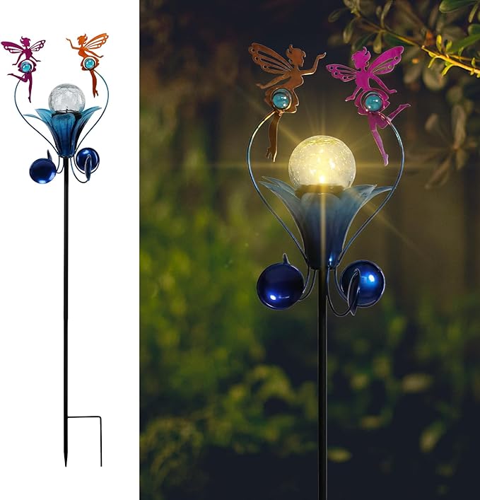 VCUTEKA Solar Lights Outdoor Metal Garden Stake Waterproof Crackle Glass Globe Garden Decor Fairy for Pathway Lawn Patio Yard