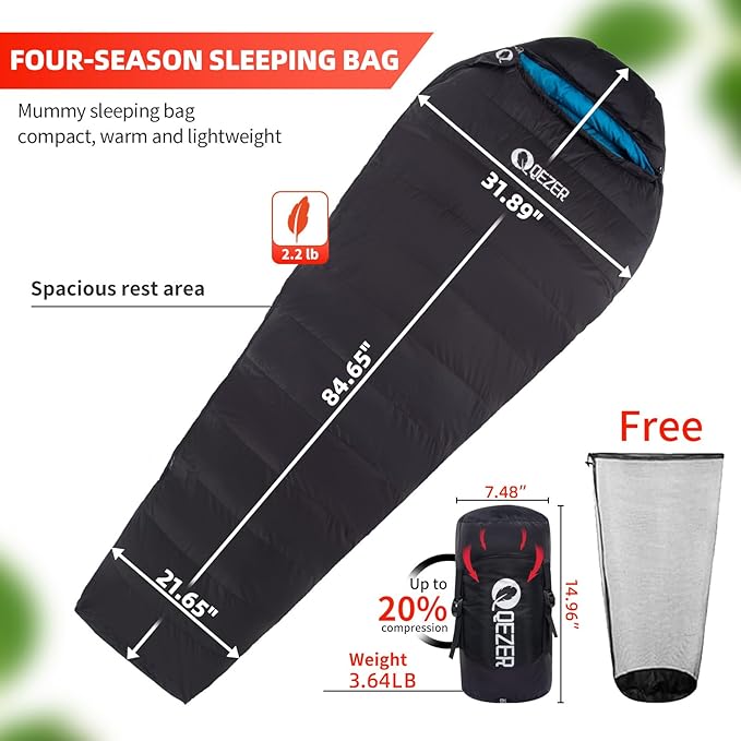 0°F Cold Weather Sleeping Bag for Adults Lightweight Backpacking Bag with Down Booties for Men and Women Keep Warm