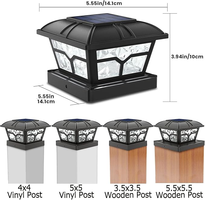 SIEDiNLAR Solar Post Cap Lights Outdoor 2 Color Modes 8 LEDs for 4x4 5x5 6x6 Posts Fence Patio Deck Decoration Warm White &amp Cool White Lighting Black (6 Pack)