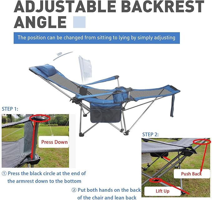 Reclining Camping Chair with Removable Footrest Adjustable Camping Lounge Beach Chair with Padded Headrest Cup Holder &amp Carry Bag Camp Chair with Foot Rest Lawn Chairs for Camp FishingOffice
