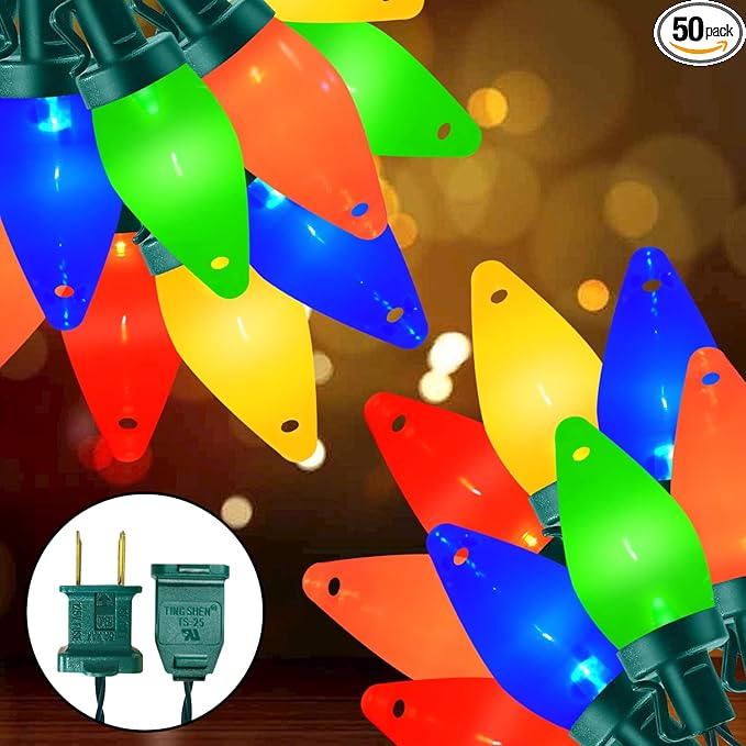 26.4Ft - 50 LED Bulbs Multicolor C7 LED Christmas Lights Outdoor Big Bulb Colored Christmas Tree Lights Plug in Colorful C7 String Lights for Multicolored Indoor Outdoor Xmas Decorations 0.6W = 7W