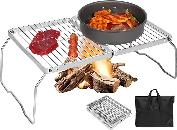 REDCAMP Folding Campfire Grill 304 Stainless Steel Grate Adjustable Height Portable Camping Grill with Carrying Bag for Outdoor Cooking BBQ