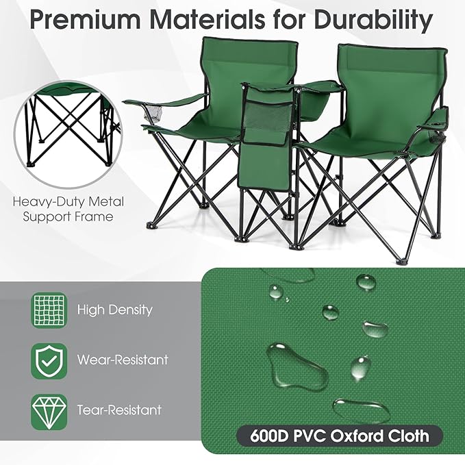 MAT EXPERT Folding Double Camp Chair w/Removable Umbrella Portable Picnic Chair w/Mini Table Chair Set w/Beverage Holder Portable Loveseat Camp Chairs for Beach Backyard Poolside (Green)