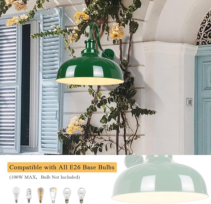Outdoor Barn Light 14 Inch Dome Rustic Outdoor Wall Sconce Farmhouse Exterior Wall Mount Lighting Fixture Industrial Green Wall Lantern for Porch Entryway Garage RZ007M GR+WH