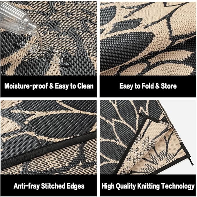 HUGEAR 8'x10' Outdoor Rug Waterproof Plastic Straw Rugs Large Brown Reversible Floral Mat Floor Carpet for Camping RV Deck Entryance Porch Picnic Balcony Beach Backyard