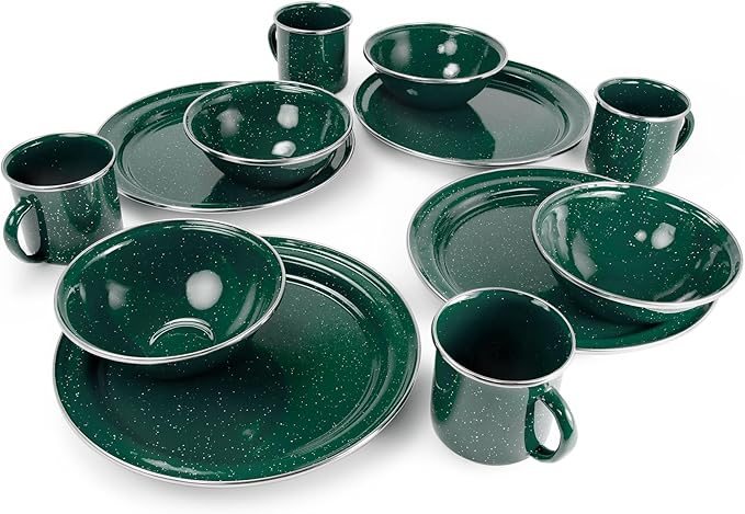 GSI Outdoors Pioneer Enamel 12 Pieces (4-Person) Dish Set I Enamelware Dishes Including Plates Bowls and Mugs for Camping Outdoors RV Camp Green